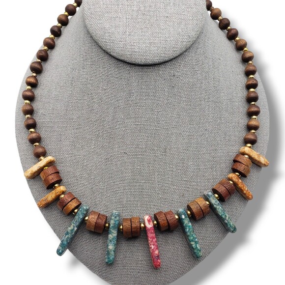 Vintage Wood Bead Alternating Gold Tone Spacers Natural Stone Drop Necklace Boho - Picture 1 of 9